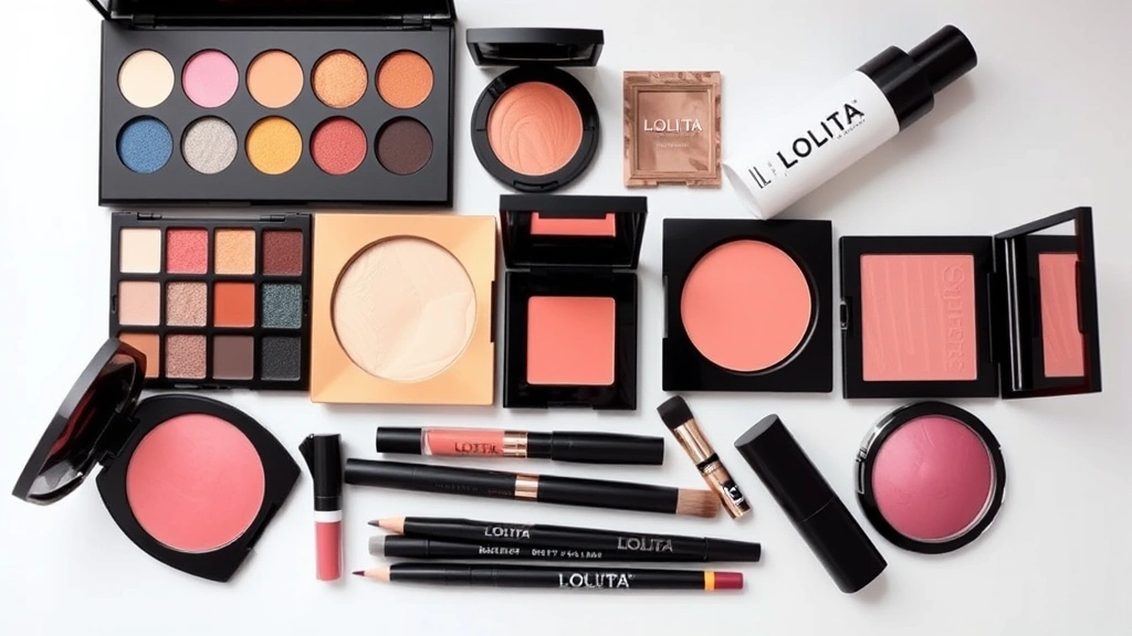 Overhead flat lay showing Lolita makeup products including eyeshadow palettes in pastels and jewel tones, blush compacts, lip colors, eyeliner pencils, brushes, and setting spray arranged aesthetically