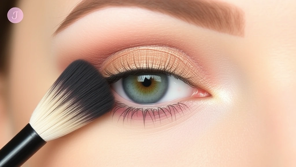 Tutorial demonstration of blending eyeshadow with fluffy brush on eyelid, showing color transition from light base to darker crease shade with seamless gradient technique