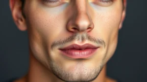 Close-up of a man's face showing natural, flawless skin with subtle concealer applied under the eyes and on minor blemishes, professional lighting, no visible makeup