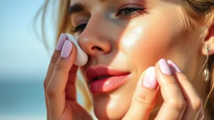 Close-up of a makeup artist applying lightweight primer to a woman's face using a damp beauty sponge in natural sunlight, showing proper technique for summer preparation