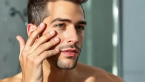 Professional male model applying tinted moisturizer with fingertips in natural bathroom lighting, demonstrating proper product distribution technique for face