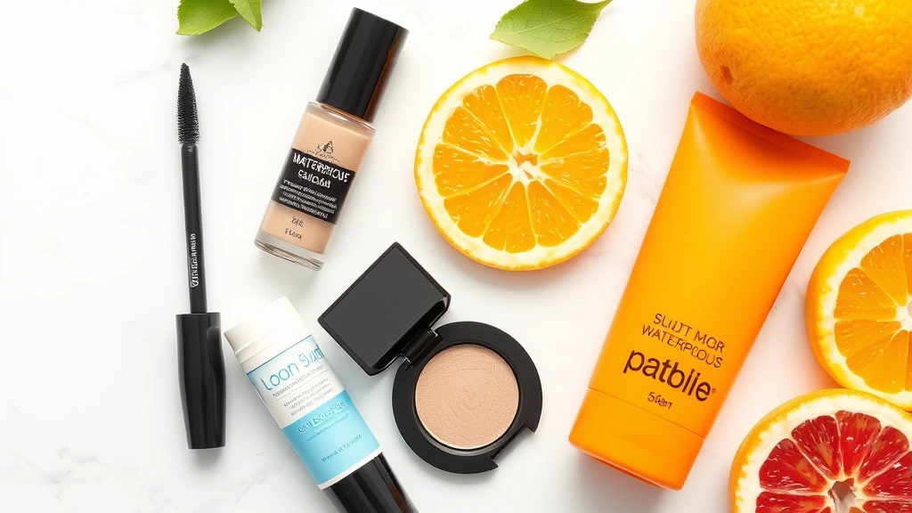Flat lay of summer makeup essentials including waterproof mascara, cream eyeshadow, setting spray, and sunscreen arranged on a light marble surface with fresh citrus fruits