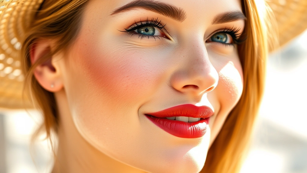 Portrait of a woman with flawless summer makeup featuring bold coral lip color, waterproof eyeliner, and dewy skin with sunscreen protection, photographed in bright outdoor lighting