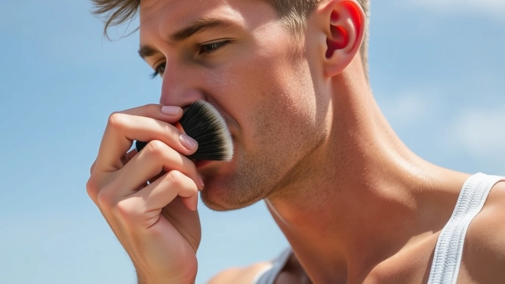 Athletic male reapplying translucent powder with fluffy brush during outdoor summer activity, showing sweat-resistant makeup maintenance and touch-up process