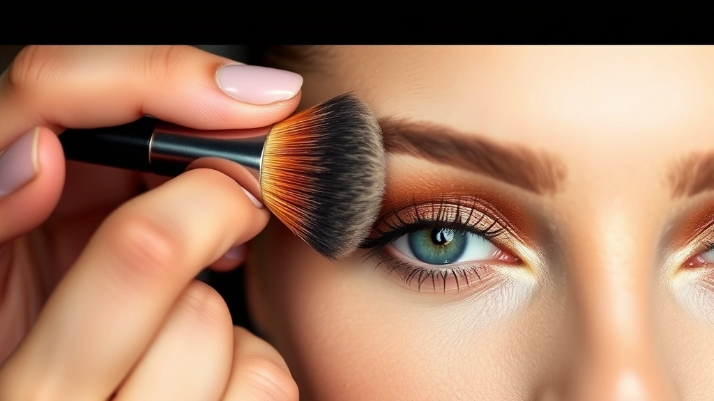 Professional makeup artist applying warm caramel and bronze eyeshadow to model's eyelid with fluffy blending brush, showing precise blending technique and warm color gradient