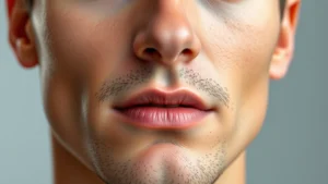 Close-up of a man's face showing clear, even skin tone with subtle makeup application, natural lighting, professional headshot style, demonstrating flawless complexion without visible product