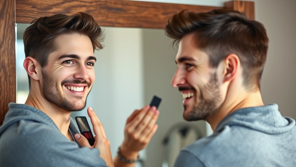 Well-groomed man looking at himself in a mirror with satisfied expression, wearing casual clothing, natural morning light, showing the final result of casual makeup application