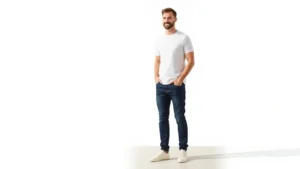 Man wearing perfectly fitted white crew neck t-shirt with dark indigo jeans and white leather sneakers, standing naturally with relaxed posture in bright natural light, neutral background