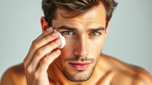 Professional male model with fresh clean skin, natural lighting, demonstrating proper facial skincare routine with moisturizer application, healthy complexion, grooming-focused