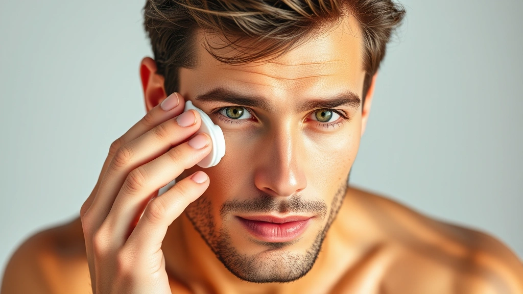 Professional male model with fresh clean skin, natural lighting, demonstrating proper facial skincare routine with moisturizer application, healthy complexion, grooming-focused