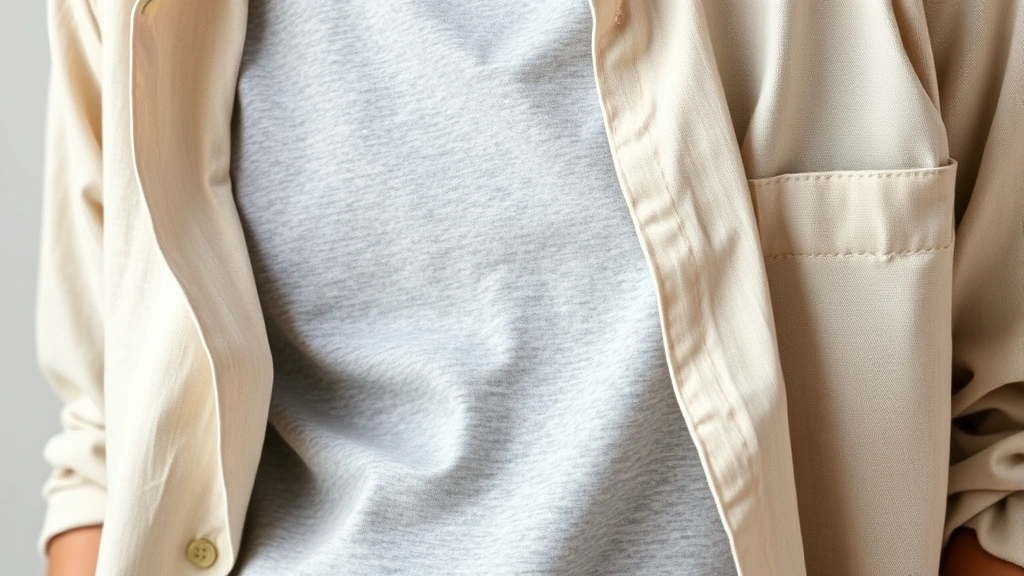 Close-up of layered casual outfit: light gray t-shirt under unbuttoned cream linen shirt, showing texture and color contrast, clean modern aesthetic, professional product photography style