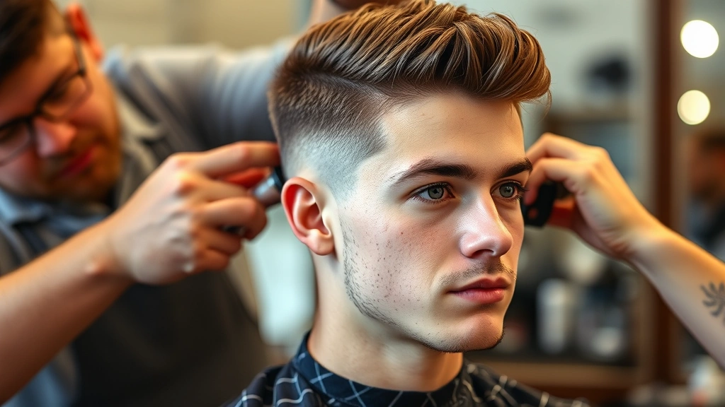 Young man with well-styled casual haircut, receiving trim from barber, professional barbershop setting, demonstrating quality men's hair care and styling