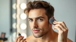 Handsome man with clear complexion applying foundation with beauty sponge, professional lighting, minimal makeup products visible on vanity