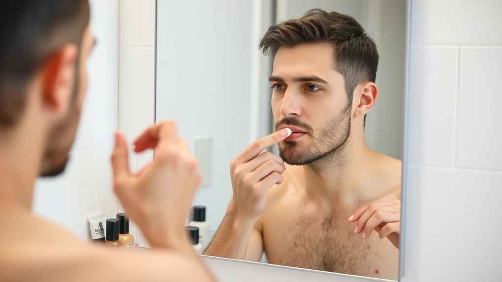 Man applying lip balm in mirror, grooming routine setup with skincare and makeup products organized on bathroom counter, professional aesthetic