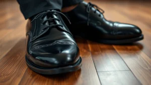 Close-up of polished black leather oxford shoes on wooden floor, professional studio lighting highlighting shoe shine and texture details, sophisticated men's footwear