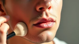 Close-up of a man's face during makeup application with a beauty sponge blending foundation along the jawline in natural daylight, showing proper technique
