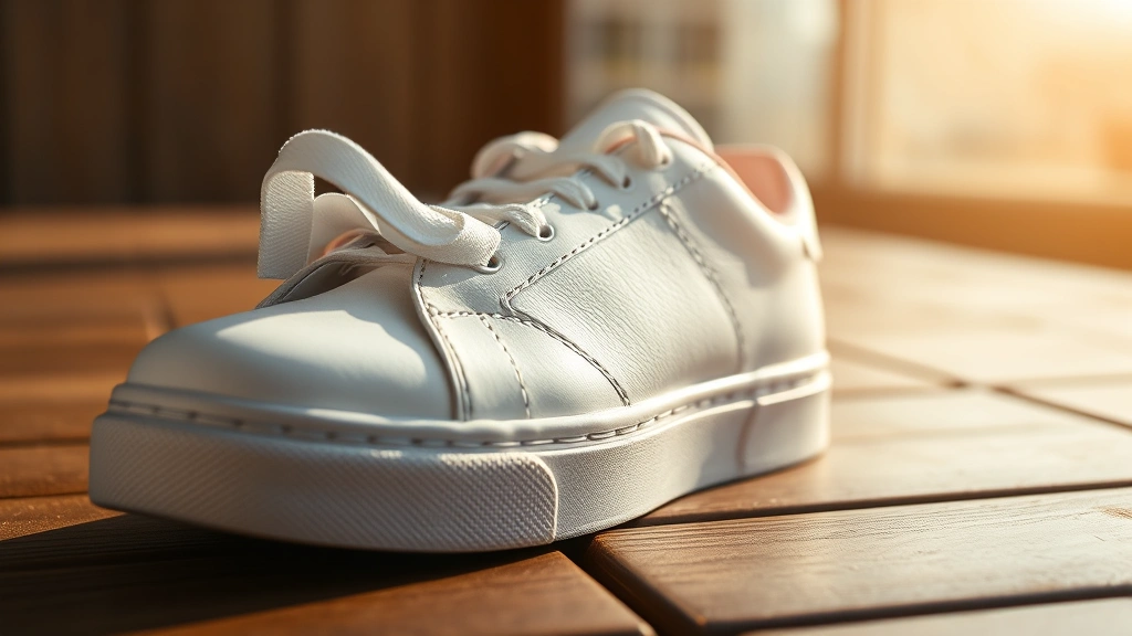 Close-up of premium white leather sneaker on wooden surface with natural sunlight, showing detailed stitching and clean design aesthetic