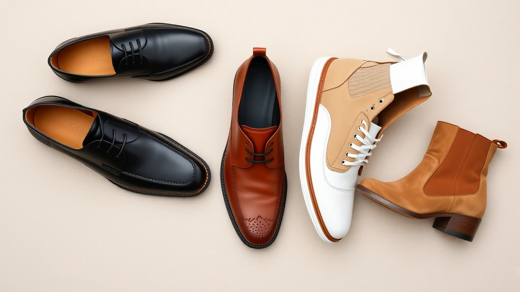 Flat lay arrangement of five different men's shoes in various styles and colors - black oxford, brown loafer, tan Chelsea boot, white sneaker, and suede desert boot on neutral background