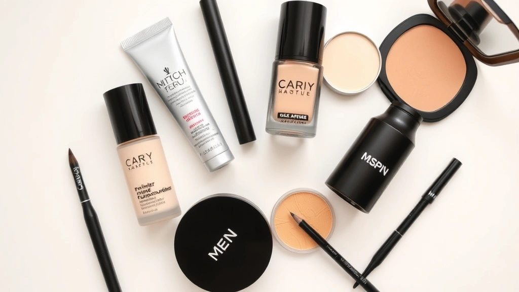 Flatlay of essential men's makeup products including primer, foundation, concealer, powder, eyebrow pencil, and setting spray arranged on a clean white surface