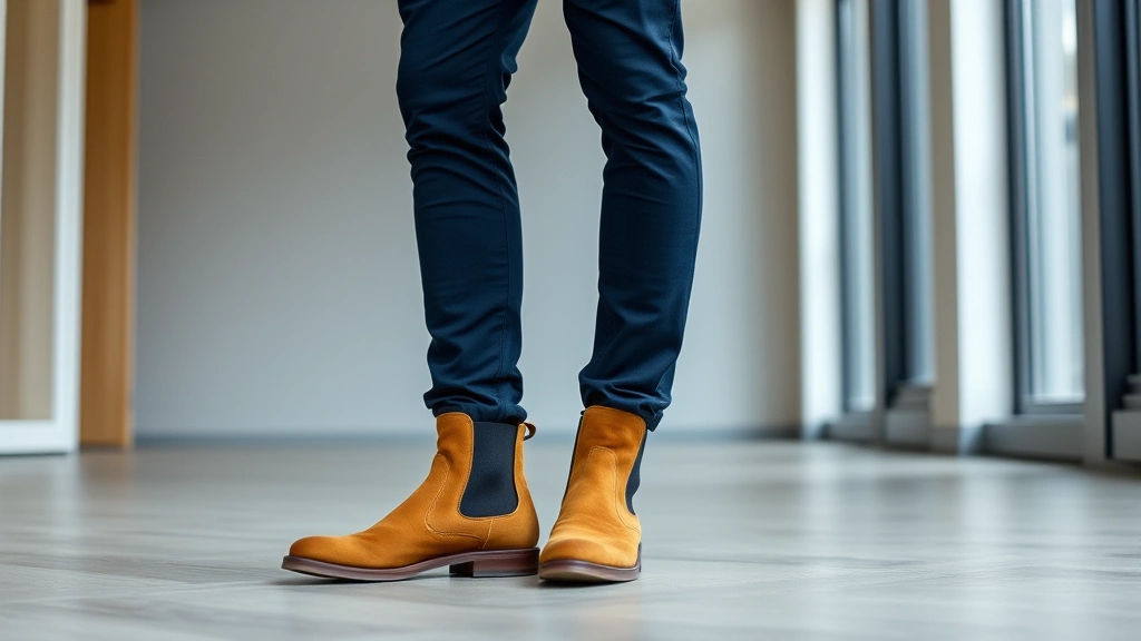 Man wearing tan suede Chelsea boots with navy chinos and light blue shirt, standing confidently in modern minimalist interior space