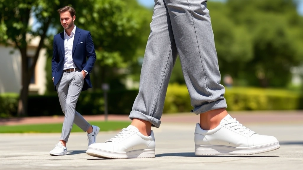 Man wearing tailored navy blazer and light gray chinos with pristine white leather sneakers, walking outdoors in natural daylight, showing smart casual shoe styling