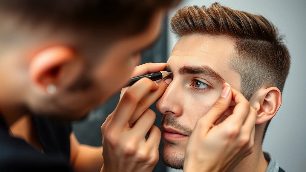 Professional male makeup artist demonstrating eyebrow definition technique on a male client using a brow pencil, showing natural shaping for men