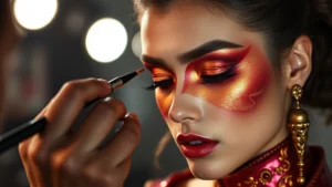 Professional makeup artist applying bold metallic eyeshadow in deep crimson and gold tones, inspired by fire element armor aesthetic, dramatic lighting on face