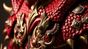 Close-up of vibrant red and gold monster hunter armor with intricate scale details and metallic accents, photorealistic fantasy warrior aesthetic, dramatic lighting highlighting texture