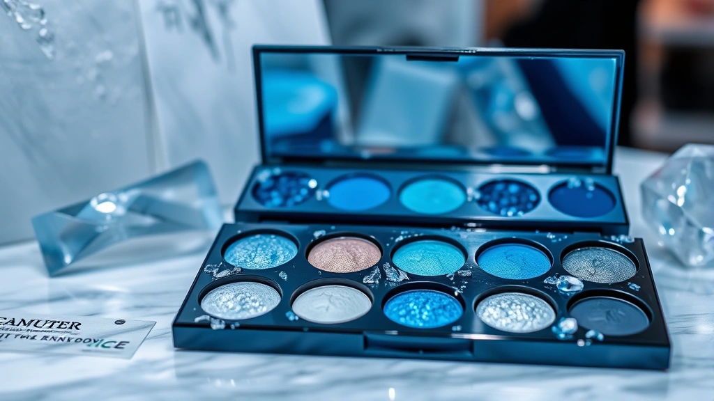 Beauty counter display showing cool-toned blue and silver eyeshadow palette with crystalline texture, representing ice element armor design, luxury cosmetics styling