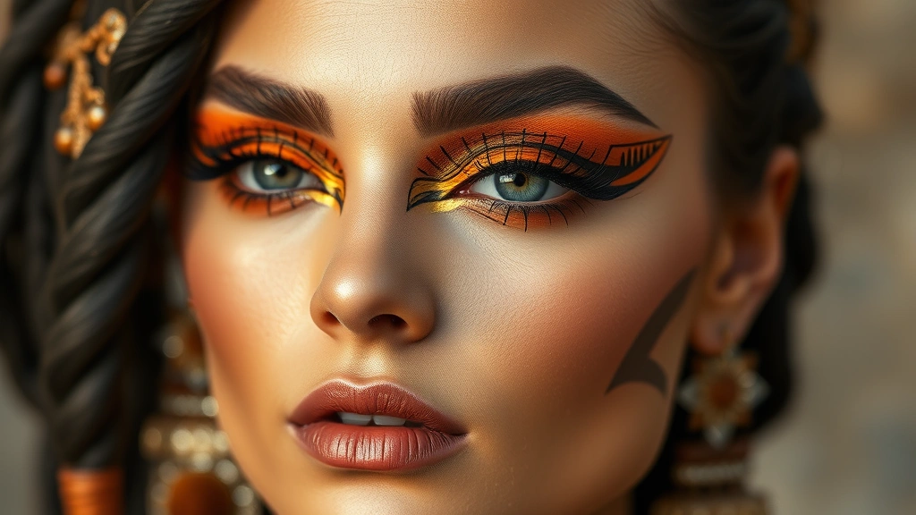 Fashion-forward makeup look featuring intricate geometric eyeliner patterns and earth-tone eyeshadow in bronze and terracotta, inspired by tribal and cultural armor designs