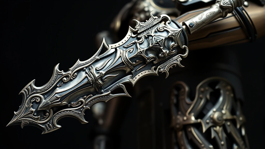Detail-focused image of ornate monster hunter weapon paired with matching armor set, showing how metallic finishes and color coordination create unified visual aesthetic, professional studio lighting