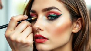Professional makeup artist applying bold graphic eyeliner with vibrant emerald green liner creating sharp geometric wing on model's eye, natural lighting, close-up beauty shot