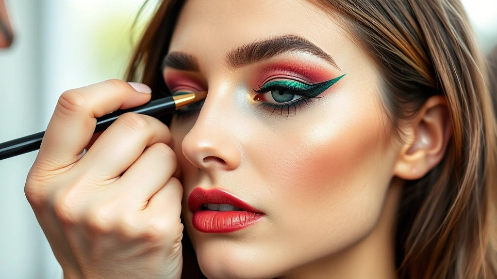 Professional makeup artist applying bold graphic eyeliner with vibrant emerald green liner creating sharp geometric wing on model's eye, natural lighting, close-up beauty shot