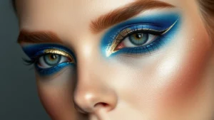 Close-up of a model's face with vibrant electric blue eyeshadow blended with gold shimmer, maximalist eye makeup look, professional makeup artistry, studio lighting, flawless skin