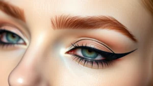 Close-up of a model's eye featuring sharp geometric graphic eyeliner in black with clean lines and precision, editorial fashion makeup style, professional lighting