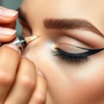 Professional makeup artist applying sharp geometric graphic eyeliner on model's eyes, precision liquid eyeliner, artistic wing design, closeup of eyelid with detailed linework