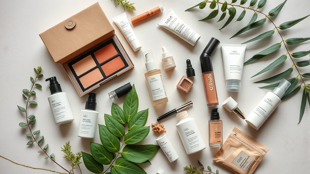 Overhead flat lay of sustainable luxury makeup products in minimalist recycled packaging, clean beauty cosmetics arranged artfully with green plant elements, soft natural lighting