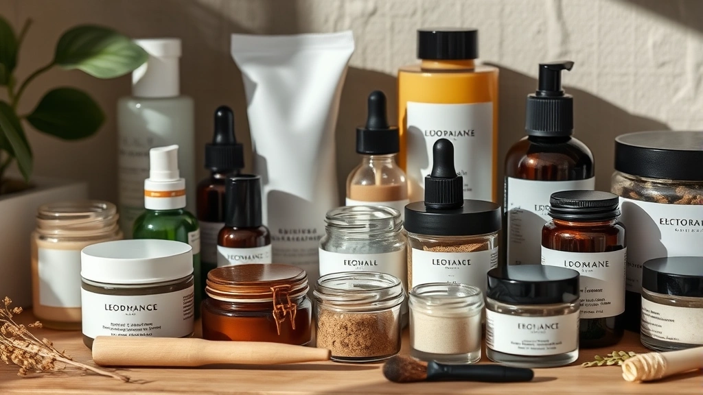 Detailed shot of sustainable beauty products arranged artfully—refillable makeup containers, eco-friendly packaging, natural ingredient jars, minimalist aesthetic, soft natural lighting