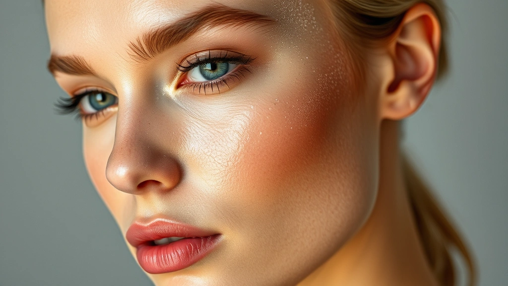 Dewy glass skin complexion on model's face, luminous radiant glow, perfect poreless appearance, strategic highlighting on cheekbones and brow bones, professional makeup lighting