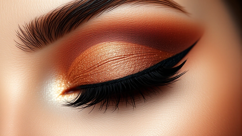 Close-up of bold monochromatic eyeshadow in rich terracotta and bronze tones with multiple shimmer finishes layered across eyelid, professional makeup artistry, detailed texture focus, editorial beauty shot