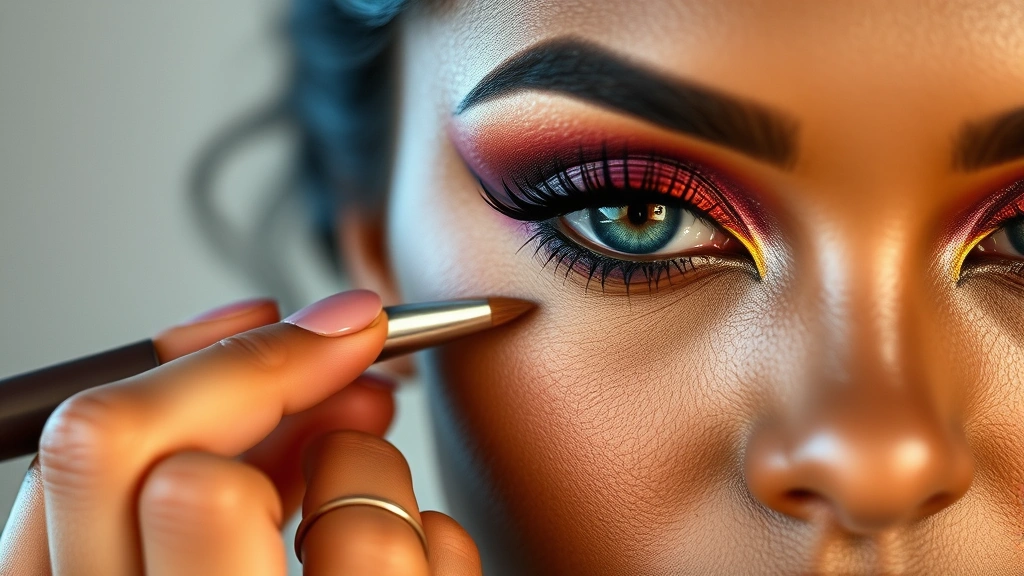 Makeup artist creating dimensional maximalist eye look with layered jewel-tone eyeshadows, combining matte and shimmer textures on diverse skin tone, professional studio lighting