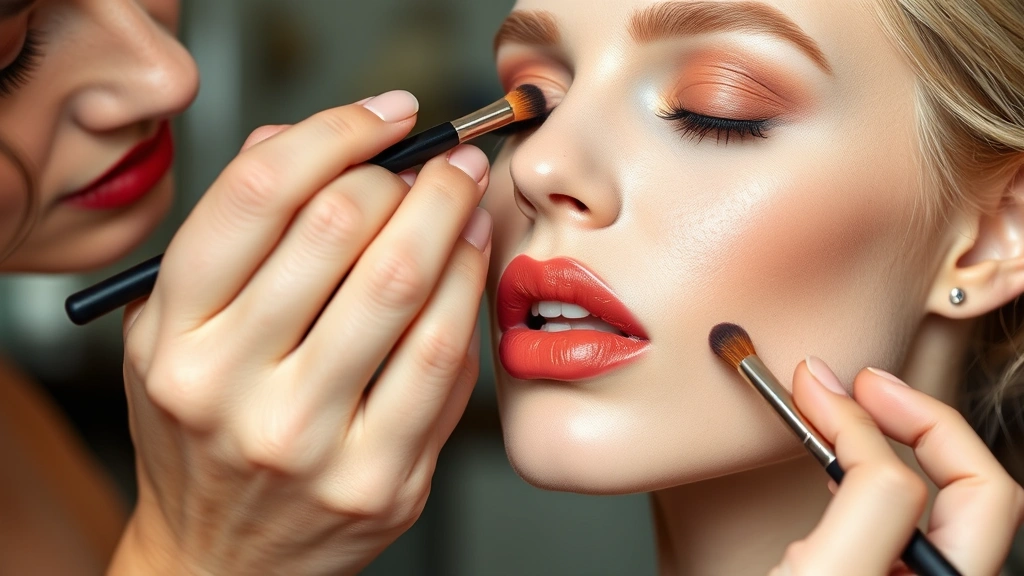 Beauty artist applying ombre lip gradient using coral and nude tones on model's lips, precise technique demonstration, professional makeup brushes visible, runway-ready makeup styling