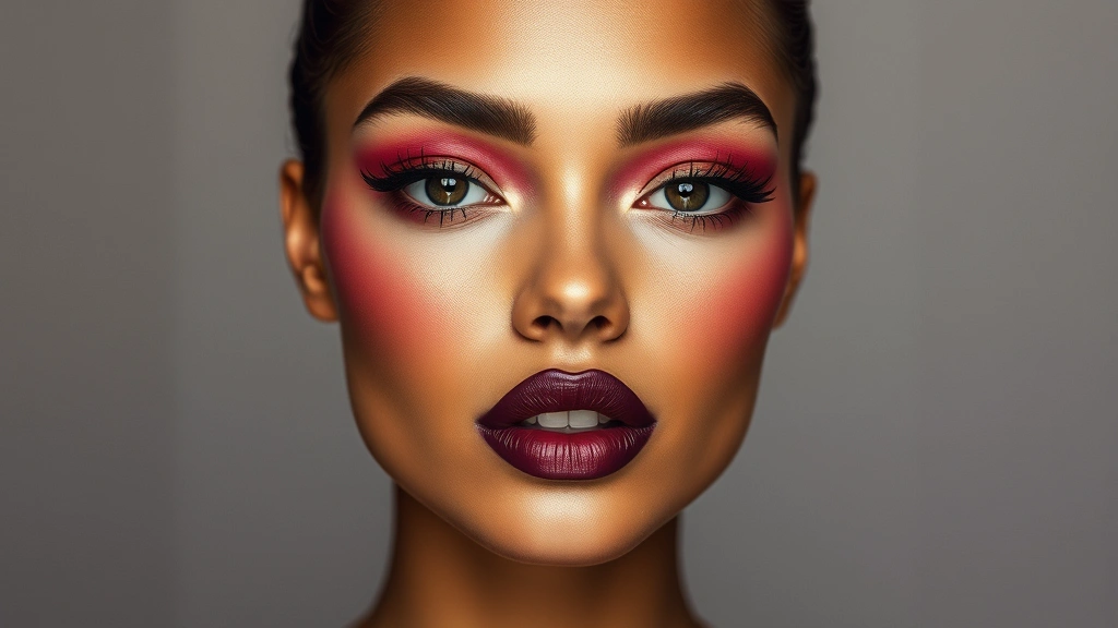 Full-face beauty portrait displaying maximalist blush placement on high cheekbones with visible contour definition, statement lip color in deep plum, fashion-forward editorial makeup