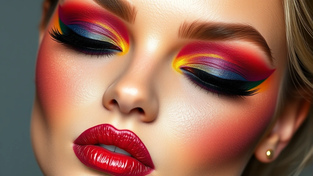 Bold artistic color blocking eyeshadow look, multiple complementary jewel tones blended on eyelids, creative color transitions, artistic makeup application, editorial fashion makeup