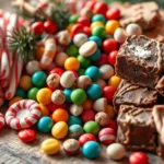 Close-up of assorted vintage Christmas candies including peppermint sticks, colorful hard candies, and chocolate fudge arranged on a rustic wooden surface with holiday decorations, warm natural lighting