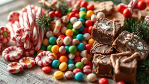 Close-up of assorted vintage Christmas candies including peppermint sticks, colorful hard candies, and chocolate fudge arranged on a rustic wooden surface with holiday decorations, warm natural lighting