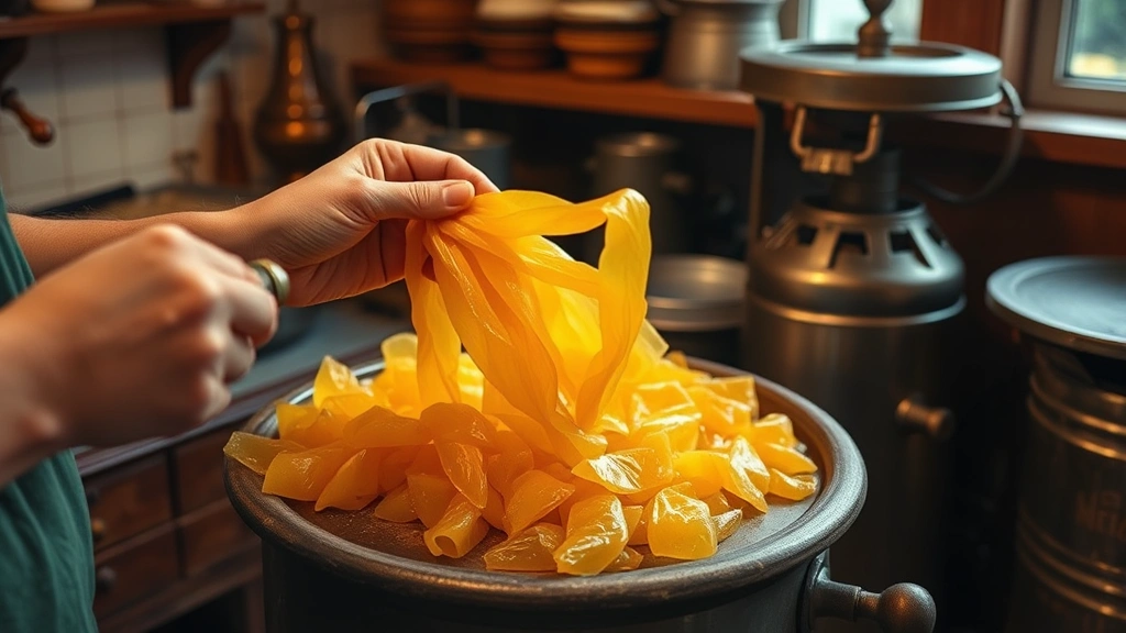 Hands pulling golden taffy candy in a traditional kitchen setting, showing the stretching technique with vintage candy-making equipment visible, nostalgic warm tones