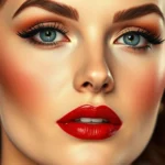 Close-up of perfectly applied 1940s Hollywood glamour makeup featuring sculpted cheekbones, defined eyebrows, warm eyeshadow, classic red lipstick, and luminous skin on a woman's face
