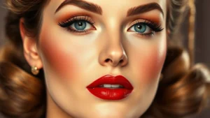 Close-up of perfectly applied 1940s Hollywood glamour makeup featuring sculpted cheekbones, defined eyebrows, warm eyeshadow, classic red lipstick, and luminous skin on a woman's face