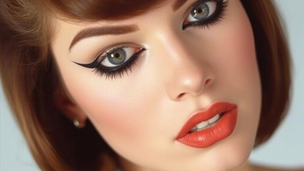 Detailed view of 1960s mod makeup with thick black graphic eyeliner, pale eyeshadow, false lashes, and minimal lip color creating dramatic eye-focused look
